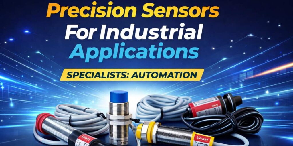 Vaari precision sensors for industrial automation applications with proximity and photoelectric sensors on a blue technology background